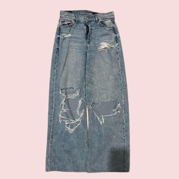 American Eagle Dreamy Drape Stretch Ripped Super High-Waisted Baggy WideLeg Jean - Picture 1 of 4